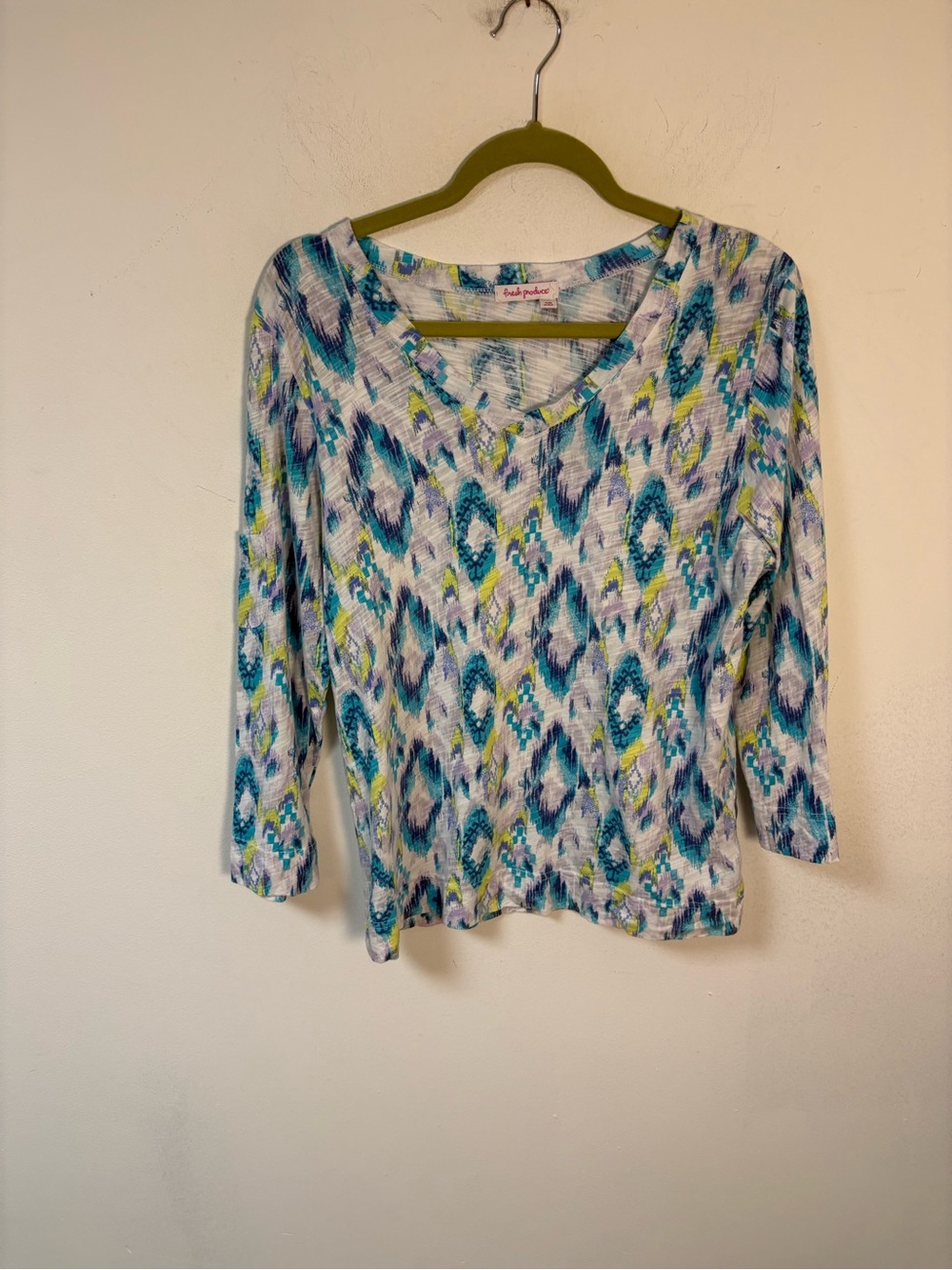 Fresh Produce Womens Teal Ikat V-Neck Women's Top 3/4 Sleeves Cotton Medium